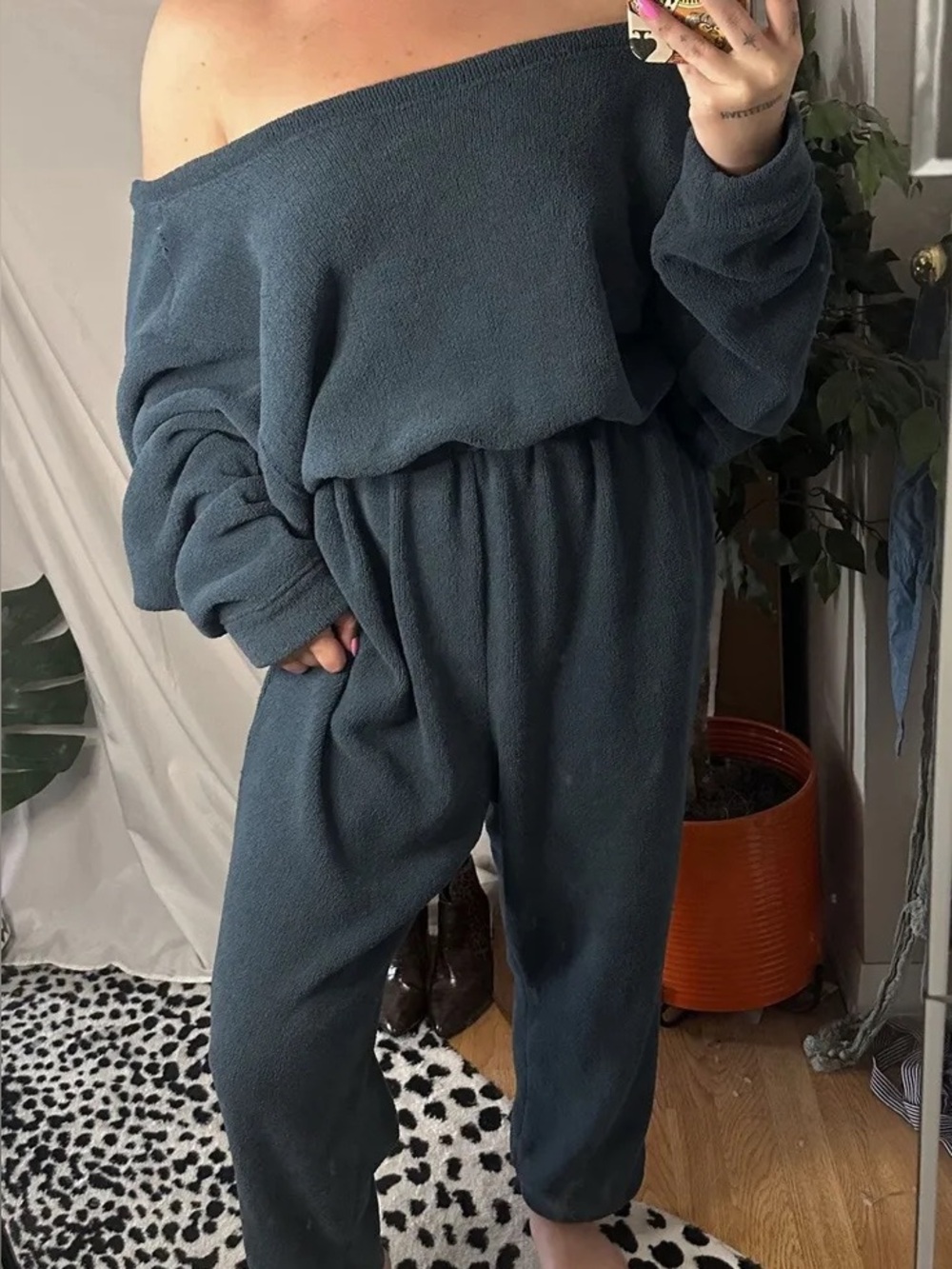 Free People Cozy Off-Shoulder Jumpsuit - Slate Blue